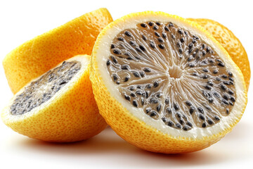 Wall Mural - A slice of lemon isolated on a white background shows its vibrant yellow flesh and seeds. Concept of fruit isolated on white.