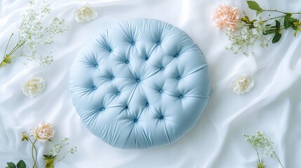 Wall Mural - A round cushion in pastel blue with a tufted design, isolated on a soft white background with floral decorative accents