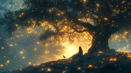 Wall Mural - A lone woman sits beneath a glowing tree with a bird perched on the ground.
