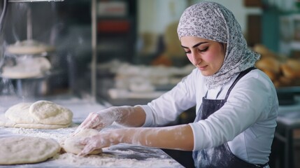 A slender Middle Eastern female chef with a headscarf, expertly making dough for traditional flatbreads in a bakery.