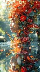 Poster - Woman with Floral Crown and Goldfish in Water