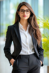 confident Indian businesswoman in modern office setting, wearing stylish black suit and glasses. Her professional demeanor reflects ambition and determination