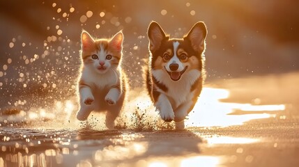 Dog and cat on the beach, running playing together, sunset tropical ocean summer day background. Cute puppy and kitten friendship, creative funny animal pet character holiday maker modern digital art