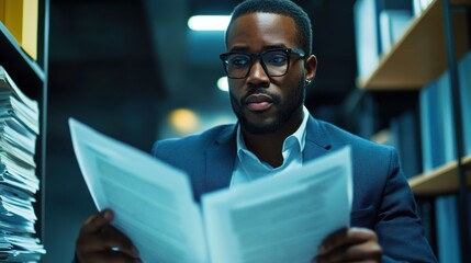 A Black Man in a Suit Reads Paperwork in a Library