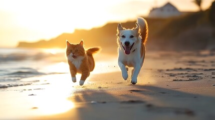 Dog and cat on the beach, running playing together, sunset tropical ocean summer day background. Cute puppy and kitten friendship, creative funny animal pet character holiday maker modern digital art