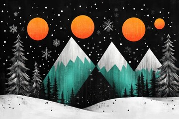 A stylized illustration of a snowy mountain landscape with three orange suns in the sky, drawn with white chalk on a black background.