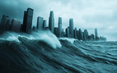 A dramatic scene of turbulent ocean waves crashing against a city skyline.