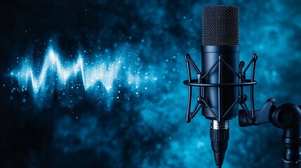 A condenser microphone with a shock mount set against a blue backdrop, featuring a white sound wave graphic on the left side for a modern look.