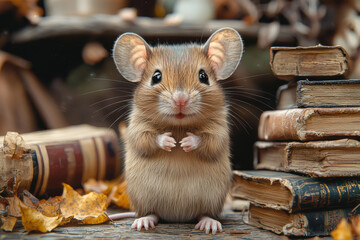 Poster - a mouse sitting in front of a pile of books illustrates the pressure of continuous learning. concept