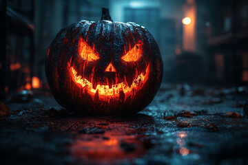 Poster - a lone jack-o-lantern with an evil grin glowing eerily in the dark corner of a room creates a spine-