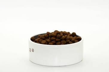 Ceramic bowl filled with dry pet food