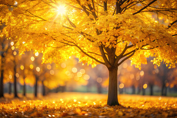 Yellow autumn, blurred bokeh autumn tree background