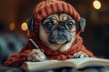 Poster - a dog wearing glasses and holding a pen shows the overwhelming tasks of human life. concept of anima