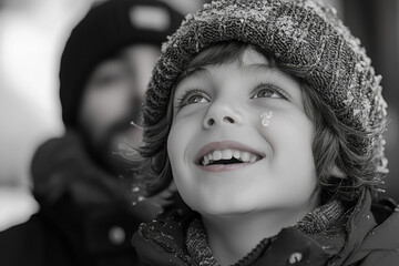 Poster - a child laughing in the foreground while a person in the background silently sheds a tear illustrate