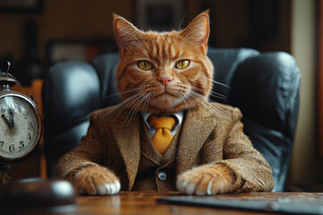 Poster - a cat wearing a business suit sits at a desk, symbolizing the pressures of daily work. concept of an