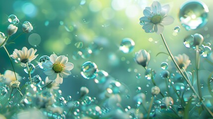 Wall Mural - Abstract spring flower landscape scene with water bubbles.