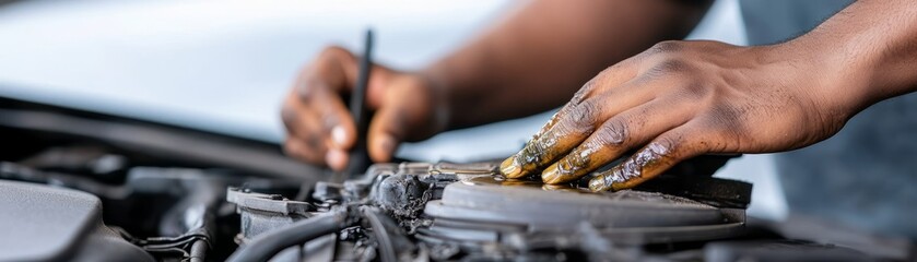 A mechanic's hands work on a vehicle's engine, showcasing skilled labor and attention to detail in automotive maintenance.