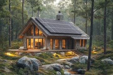 Poster - An off-grid cabin in the woods, powered by solar and wind energy. Concept of self-sufficiency.