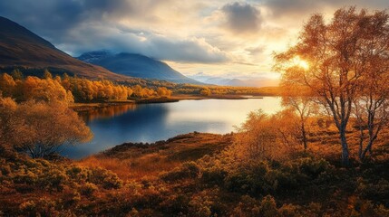 Wall Mural - sunset over a lake with mountains and autumn foliage in the foreground