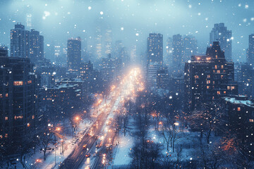 Poster - a surprise snowstorm hitting a city in the middle of spring. concept of weather.