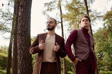 Two fashionable men in autumn attire confidently pose among vibrant fall foliage in a serene landscape.