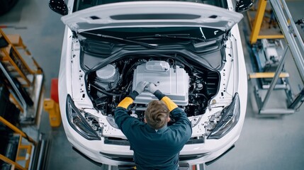 Under the hood. A car mechanic working on the engine of a white car in a modern workshop, car repairs concept, top view