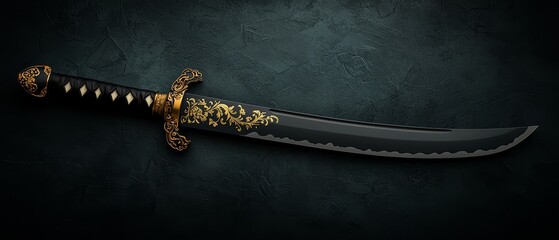 Ornate Black Sword with Gold Floral Design on Dark Background