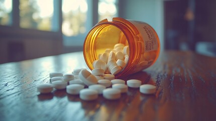 Pills spilling from an open clear bottle on a wooden surface, creating a visually striking image with a focus on the medication.