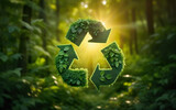 green recycling symbol on blurred forest background, sunlight