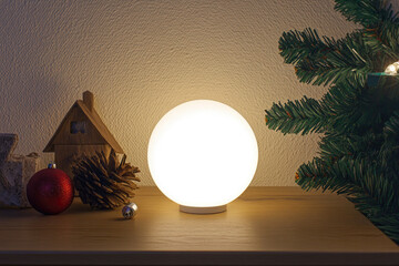 An empty white circle mockup with a Christmas theme on the side of it, on top of a wooden table against a white wall background, in a minimalistic style