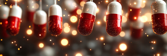 Wall Mural - Red and white capsules with glitter suspended in air against a glowing festive background.