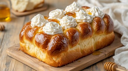 Brioche loaf with golden-brown top, isolated on a light wooden background with decorative whipped cream and honey drizzle