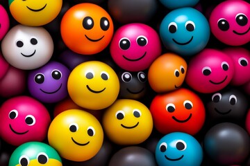 Poster - Bunch of colorful faces are arranged in a row. all different colors and sizes. Colorful, happy faces in various shapes and sizes, cheerful atmosphere with the playful arrangement
