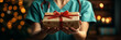 © Мария Фадеева - Medical professional holding a festive gift box with a red ribbon in a warmly lit environment, symbolizing care and holiday cheer.