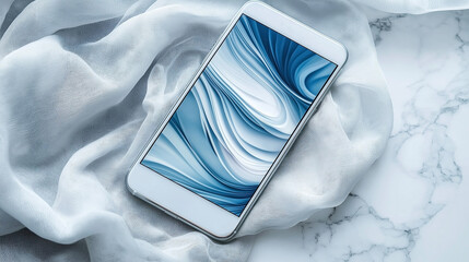 Elegant blue abstract design displayed on a smartphone resting on a marble surface