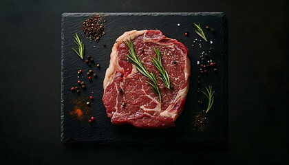 Top view of a fresh, uncooked ribeye steak garnished with rosemary and spices on a sleek black slate board  