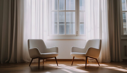 Two chairs positioned in front of a window, suggesting a cozy sitting area in a minimalist setting.  