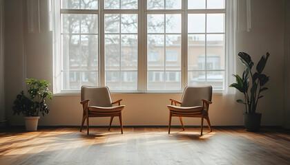 Two chairs positioned in front of a window, suggesting a cozy sitting area in a minimalist setting.  