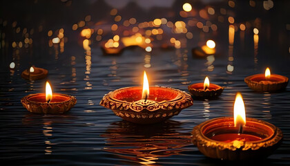 Burning candles floating in water for the Diwali festival, Indian festival of lights, India, Sri Lanka, Nepal, Hinduism