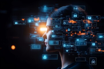 Aufkleber - A futuristic depiction of a woman surrounded by digital icons, representing technology, data, and artificial intelligence concepts.