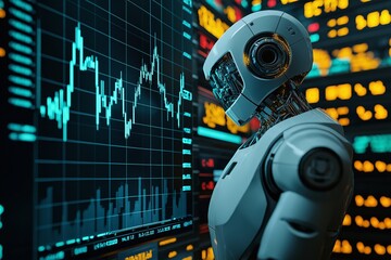 Aufkleber - A futuristic robot analyzing financial data on a digital display, representing technology and investment trends.