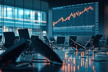 Aufkleber - A modern office with scattered chairs and a digital graph displaying market trends on a large screen.