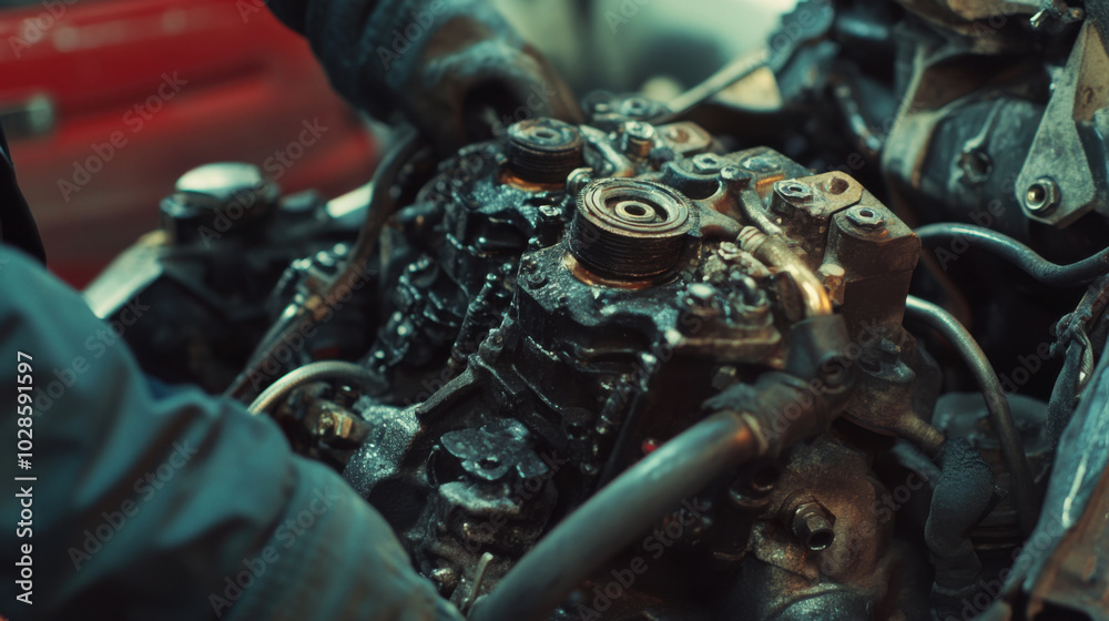 mechanic is focused on cleaning engine component, showcasing intricate ...
