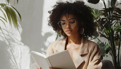 Wall Mural - Woman in Studio Reading an A4 Book Mockup  