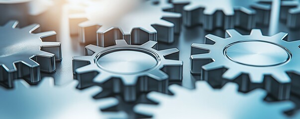 Poster - Close-up of shiny metal gears interlocking, symbolizing engineering, technology, and precision in machinery and manufacturing processes.
