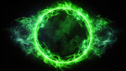 Neon green abstract circle with smoke on dark background