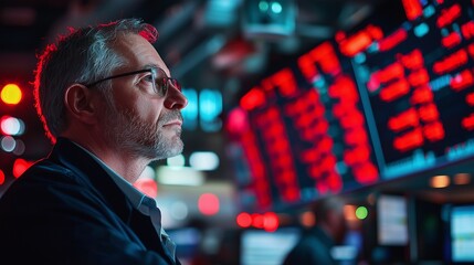 Aufkleber - Focused trader analyzing market trends in a high-tech trading environment with vibrant red displays.