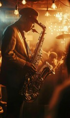 Poster - Jazz musician playing saxophone under warm lights.