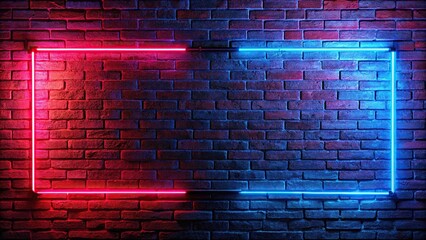 Neon light lamps on brick wall background, red and blue abstract dark background, asymmetrical