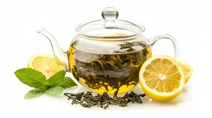 Green tea in a glass pot, isolated on a white background with decorative lemon slices and fresh mint leaves